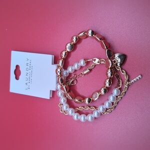 Laundry By Shelli Segal Gold and Pearl Stretch Bracelets Set of 3 NWT